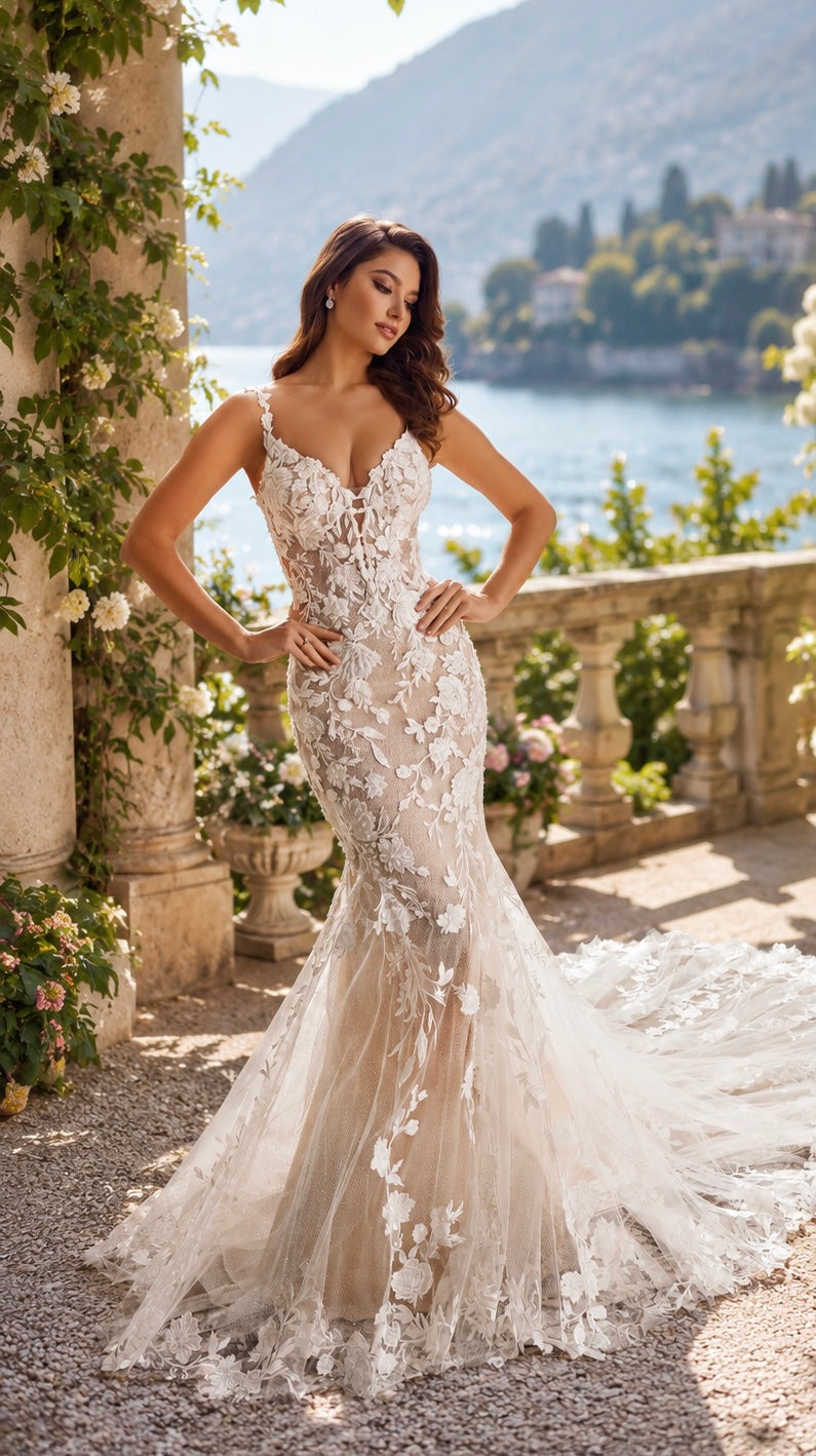 Martin Thornburg Fit and flare lace wedding dress with Lace straps and sweet heart neckline and a dramatic lace cathedral train