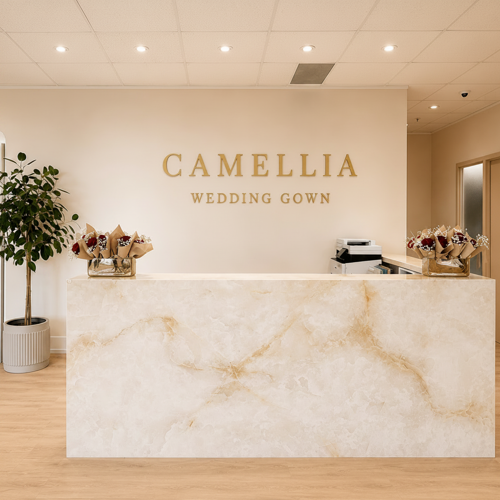 Reception area at Camellia Wedding Gown, a luxury Toronto Bridal boutique near Yorkdale Shopping Center
