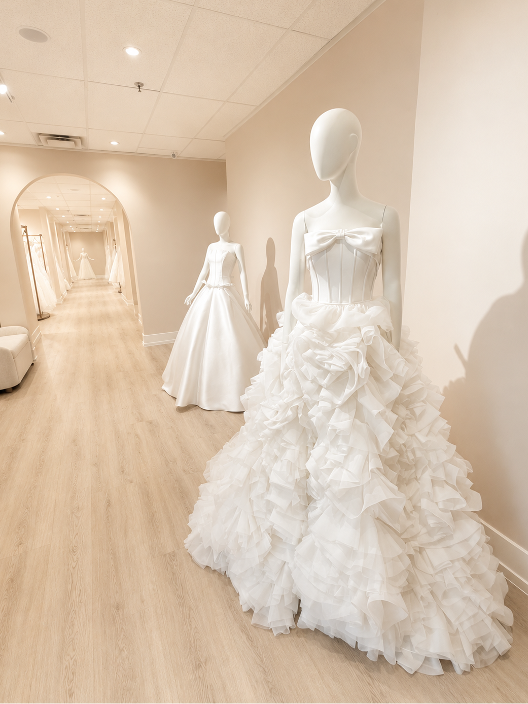 Luxury princess Pnina Tornai wedding dress and Yumi Katsura ruffle ball gown wedding dress displayed inside Camellia Wedding Gown bridal boutique in Toronto.