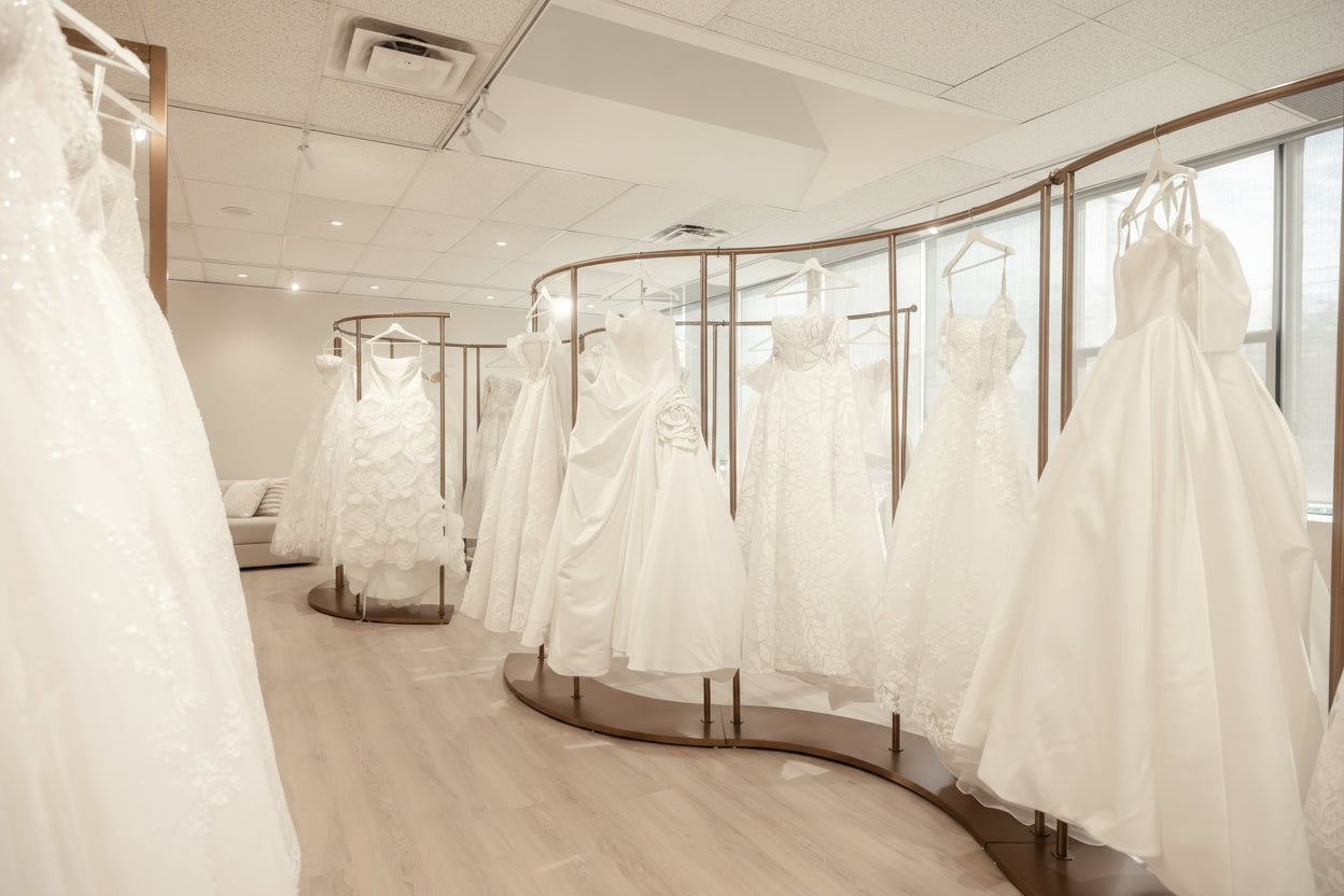 Luxury bridal boutique showroom featuring designer wedding dresses at Camellia Wedding Gown Toronto.