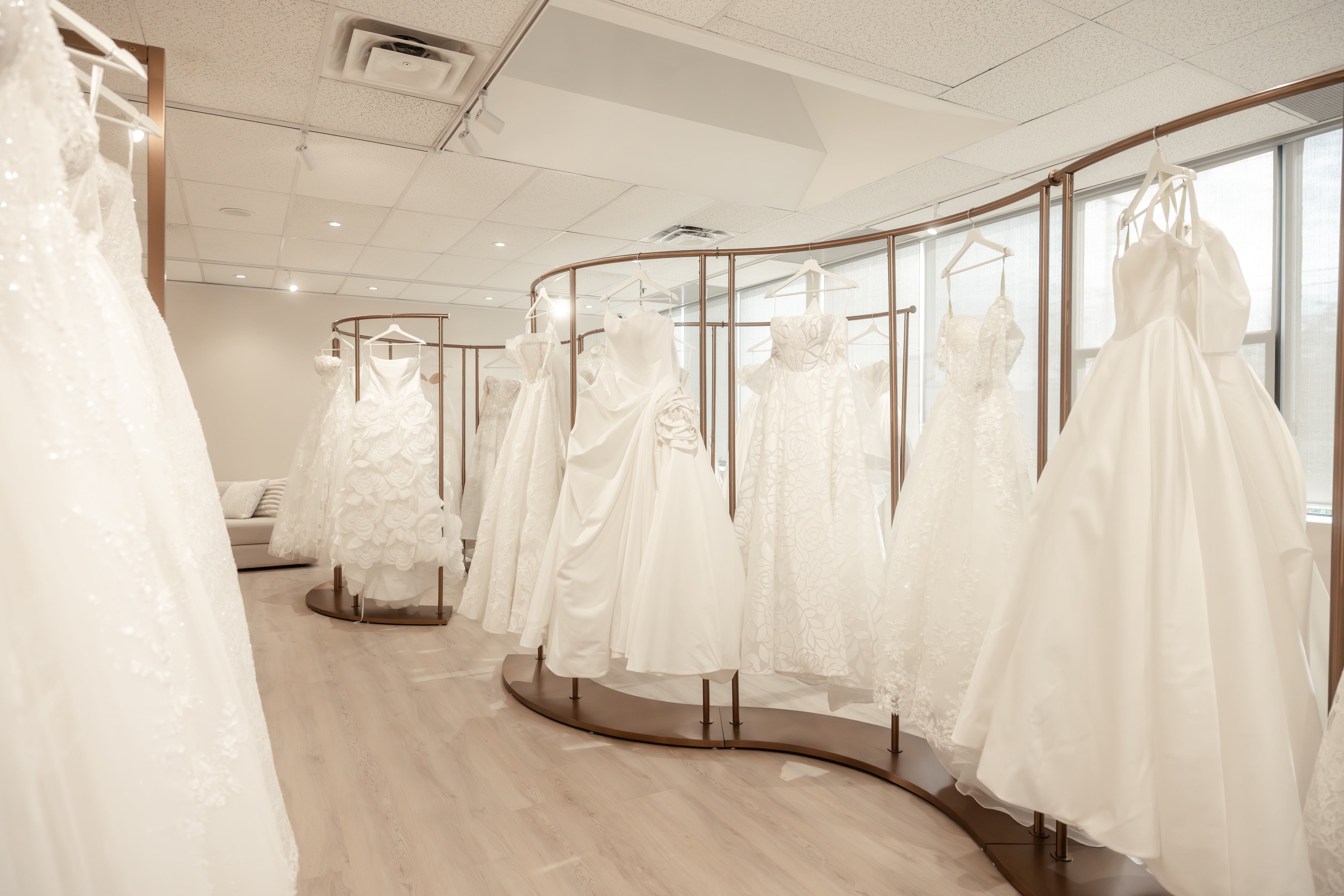 Luxury bridal boutique showroom featuring designer wedding dresses at Camellia Wedding Gown Toronto.