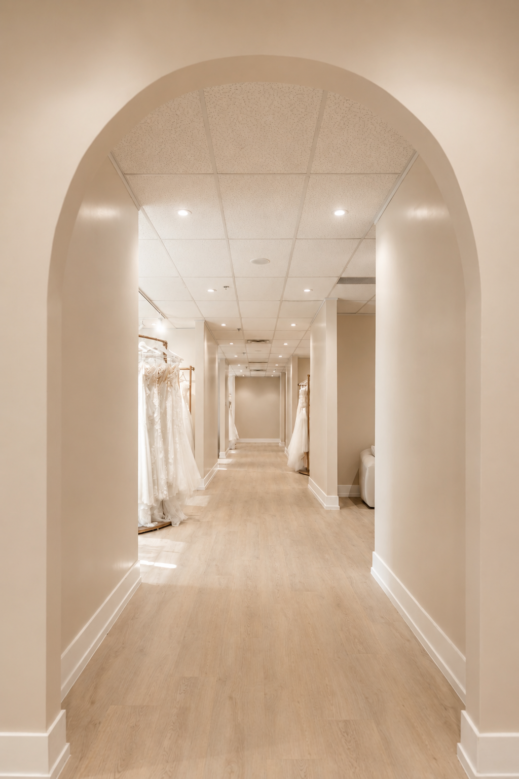 Elegant bridal boutique interior with designer wedding dresses at Camellia Wedding Gown in Toronto.