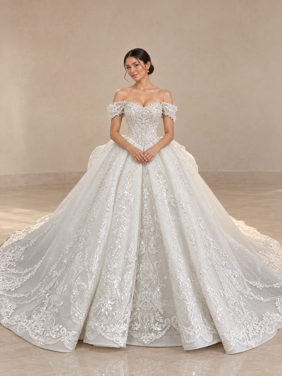 An off-the-shoulder ball gown wedding dress with intricate lace and bead embroidery available at camellia wedding gown