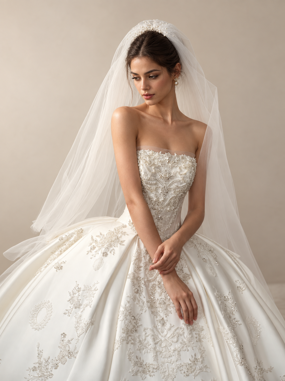 Luxury ball gown with crystal embroidary and lace with strapless straight neckline and basque waist