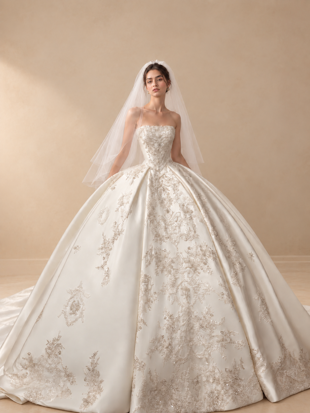 A bride wearing a strapless ball gown wedding dress with a sheer veil, standing against a warm beige studio backdrop. The gown has a structured bodice and a very full skirt with tonal floral embroidery and shimmering gold-beige detailing.