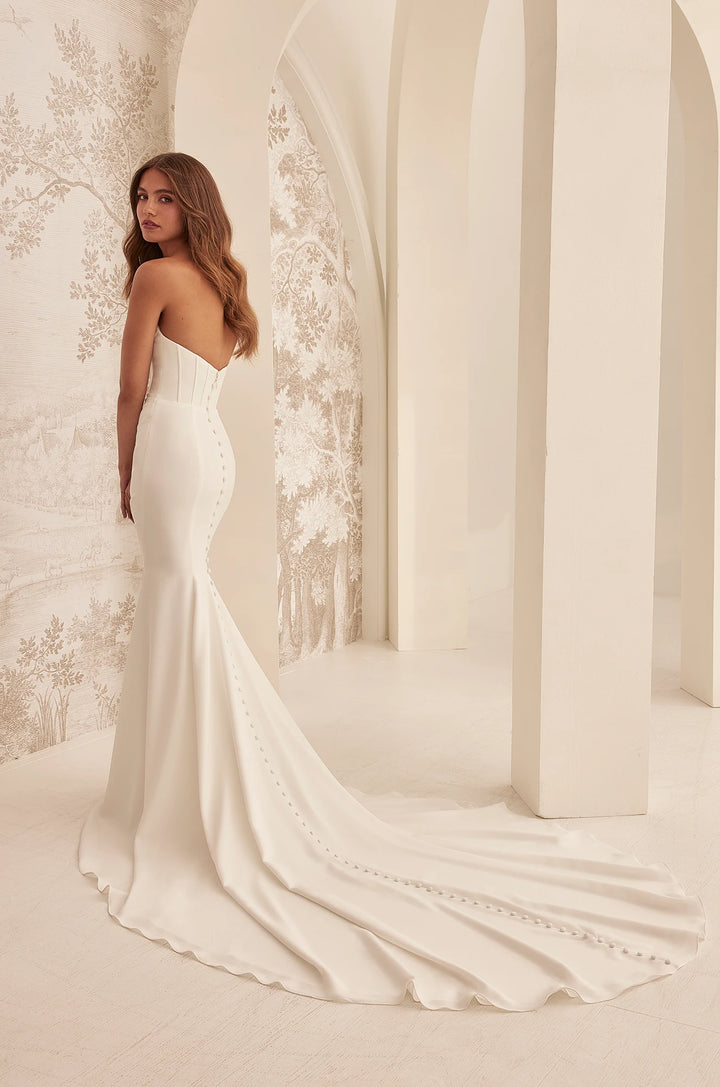 Mikaella M2525 strapless crepe wedding dress with structured bodice back view