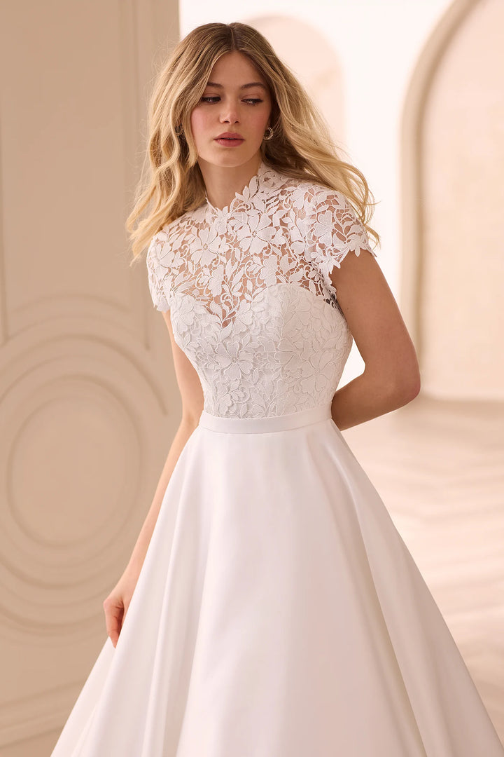Mikaella Bridal Gown_M2608 Aline Mikado wedding dress with front covered by lace high neck and cap sleeves and keyhole back and buttons top available at toronto bridal shop camellia wedding gown