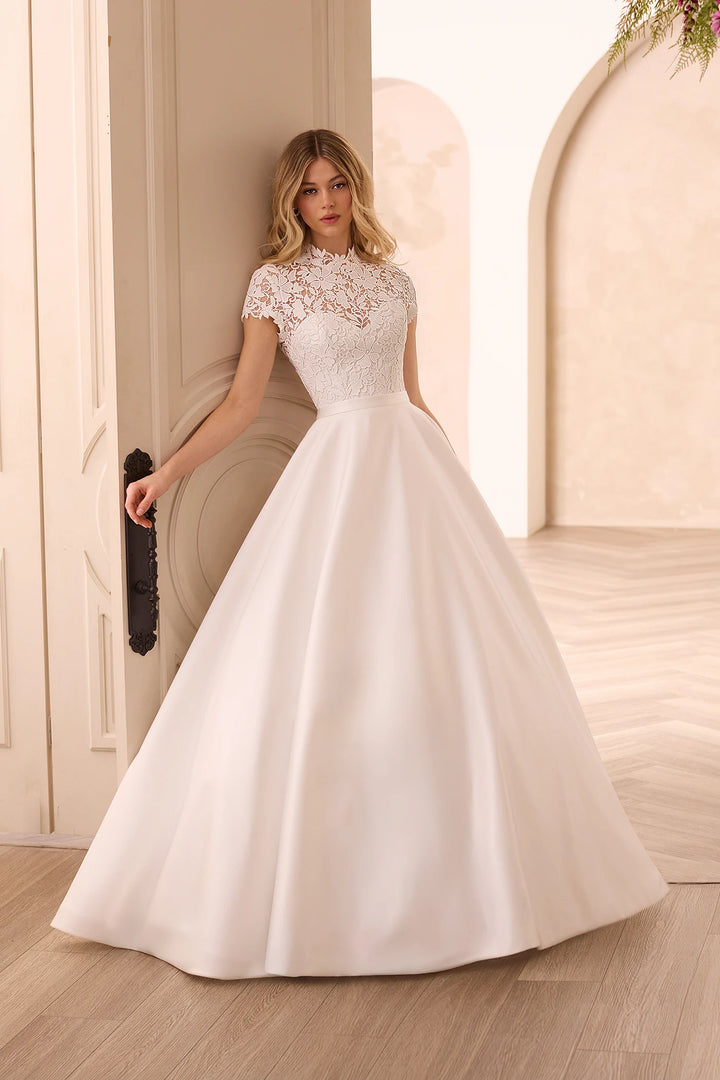 Mikaella Bridal Gown_M2608 Aline Mikado wedding dress with front covered by lace high neck and cap sleeves and keyhole back and buttons front available at toronto bridal shop camellia wedding gown