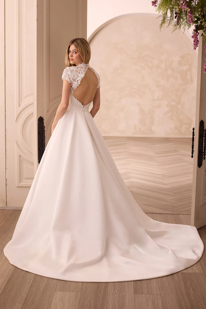 Mikaella Bridal Gown_M2608 Aline Mikado wedding dress with front covered by lace high neck and cap sleeves and keyhole back and buttons back available at toronto bridal shop camellia wedding gown