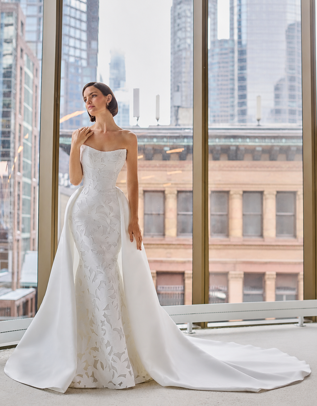 Paloma_Blanca_P5206_Elegant_Strapless laser cut lace wedding dress with fit and flare cutting and detachable train