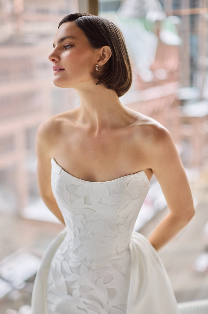 Paloma_Blanca_P5206_Elegant_Strapless lace wedding dress with fit and flare cutting and detachable train top available at toronto bridal shop camellia wedding gown