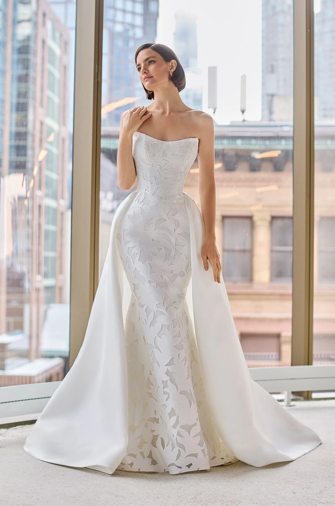 Paloma_Blanca_P5206_Elegant_Strapless lace wedding dress with fit and flare cutting and detachable train available at toronto bridal shop camellia wedding gown