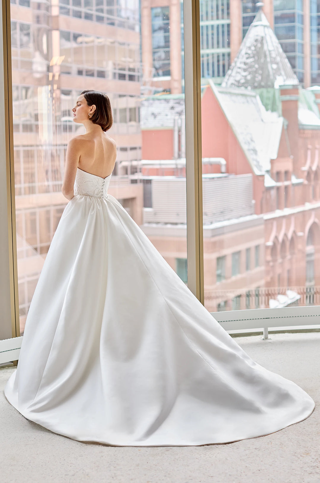 Paloma_Blanca_P5206_Elegant_Strapless lace wedding dress with fit and flare cutting and detachable train back available at toronto bridal shop camellia wedding gown