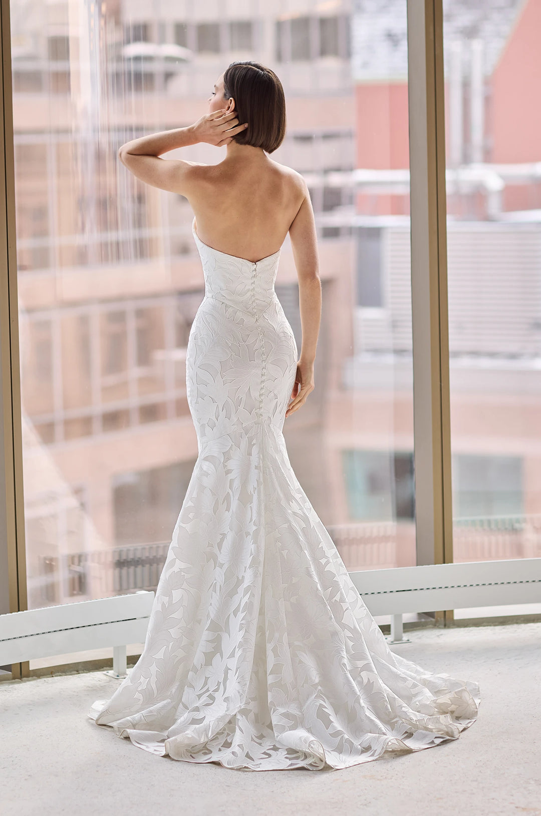 Paloma_Blanca_P5206_Elegant_Strapless lace wedding dress with fit and flare cutting and detachable train off available at toronto bridal shop camellia wedding gown