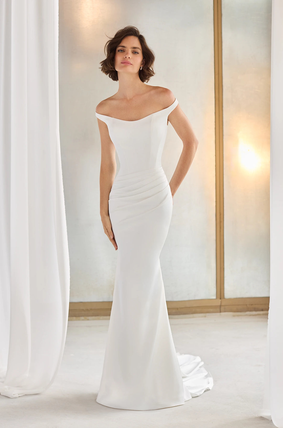 Paloma Blanca P5211 Off shoulder elegant Wedding Dress with Fit and flare bridal gown cutting- front at camellia wedding gown