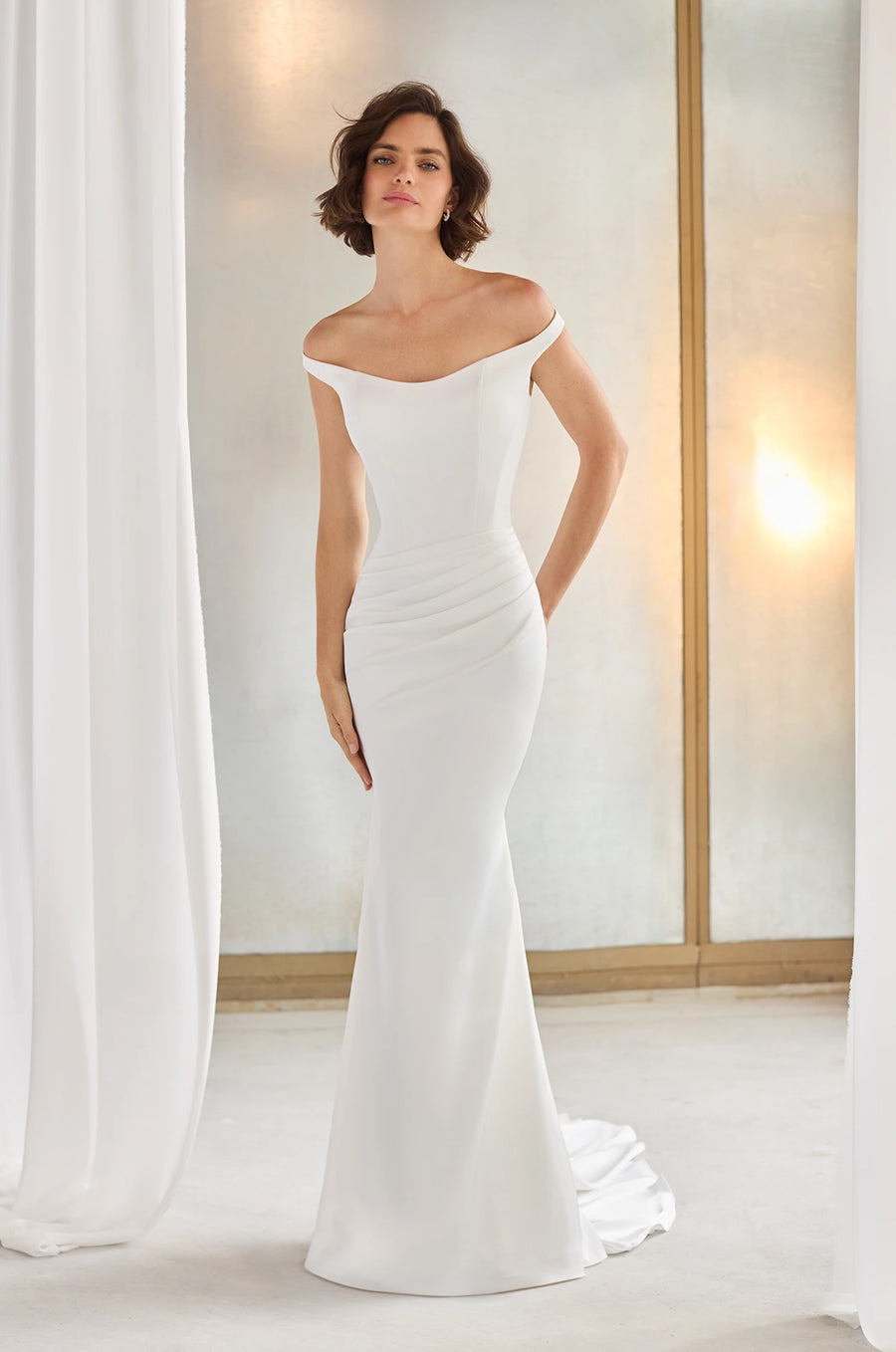 Paloma Blanca P5211 Off shoulder elegant Wedding Dress with Fit and flare bridal gown cutting- front at camellia wedding gown