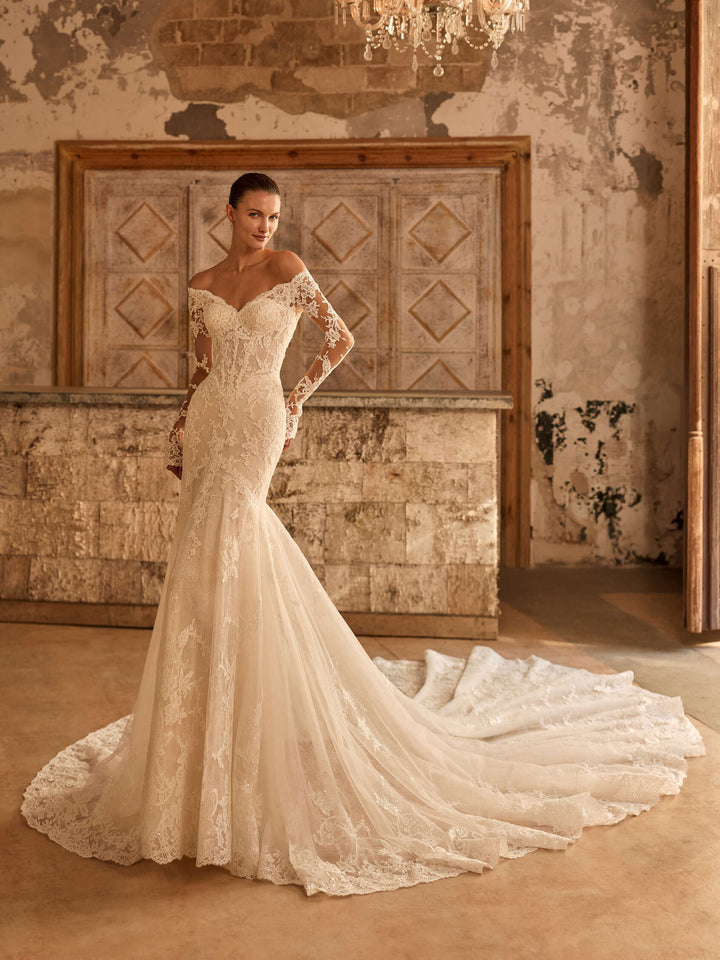 Pronovias Privée Ankey mermaid lace wedding dress with bateau neckline, image 1