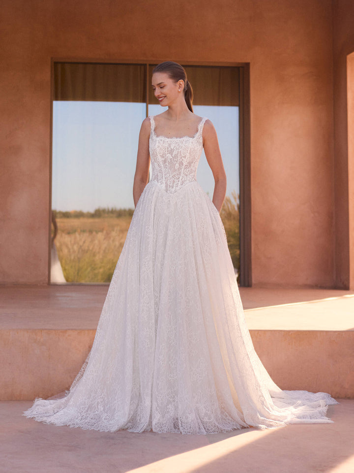 Pronovias Byada A-line lace wedding dress with square neckline, image 1