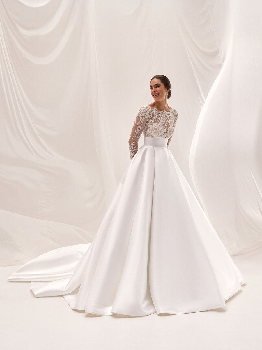 Pronovias Celmina princess mikado wedding dress with bateau neckline, image 1