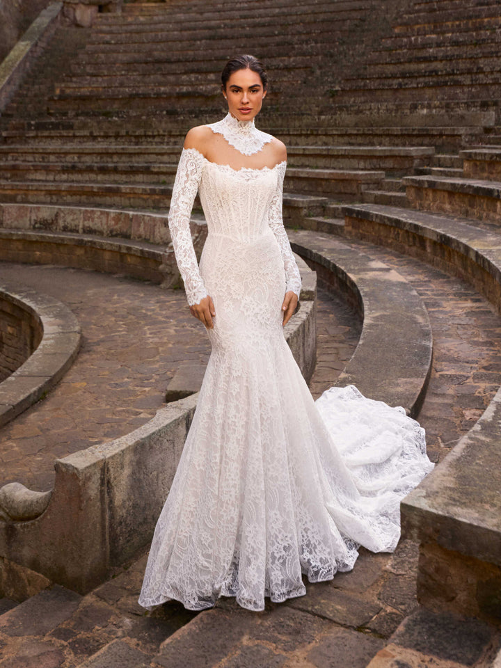 Pronovias Elow off-the-shoulder mermaid lace wedding dress, image 1
