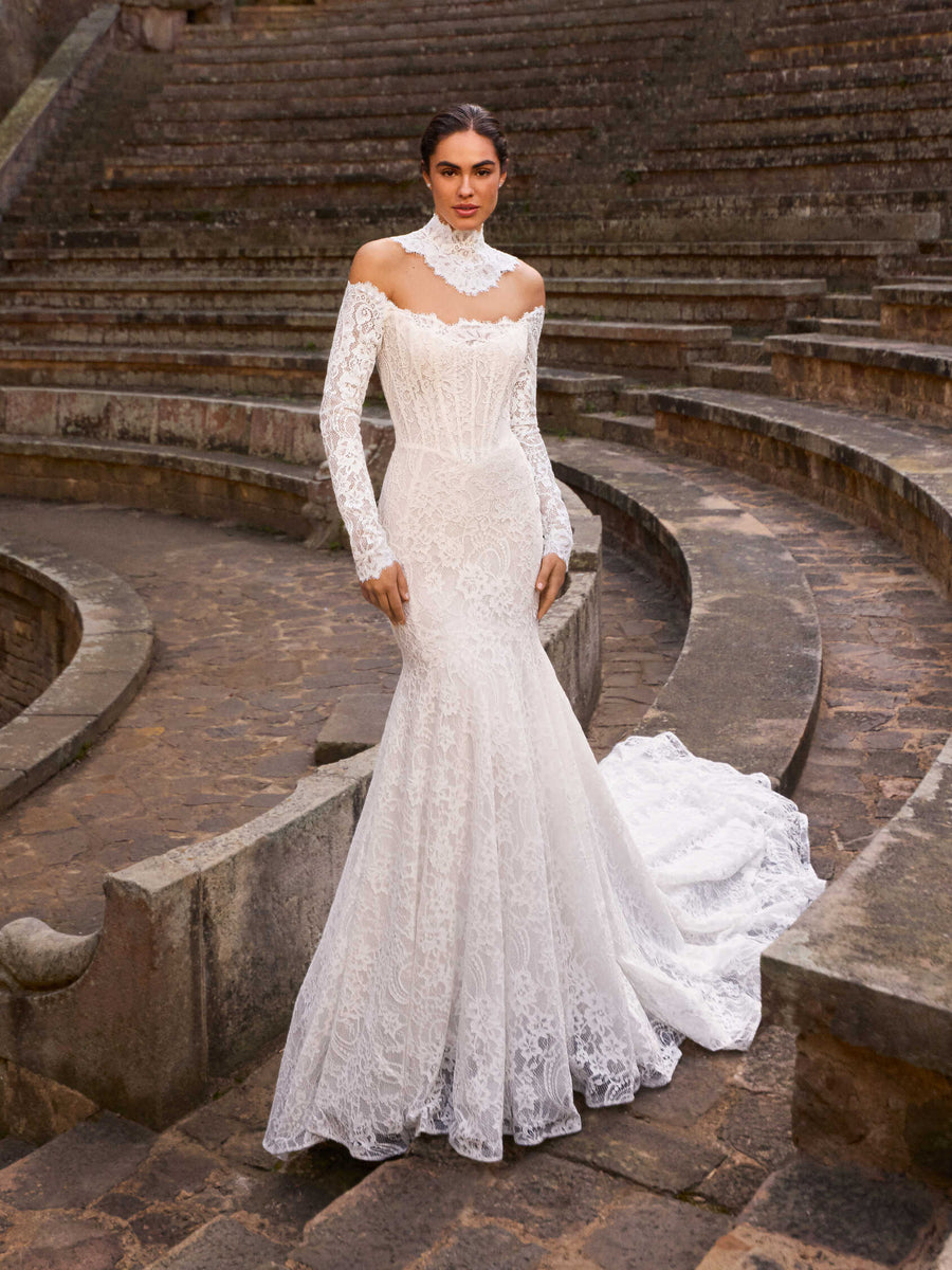 Pronovias Elow off-the-shoulder mermaid lace wedding dress, image 1