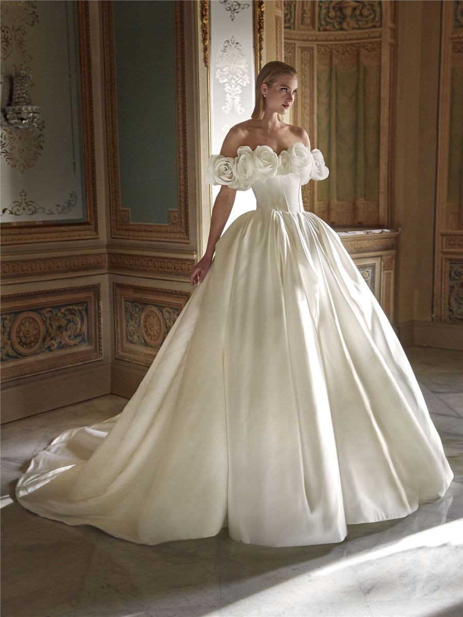 Pronovias Evarly off-the-shoulder princess satin wedding dress, image 1