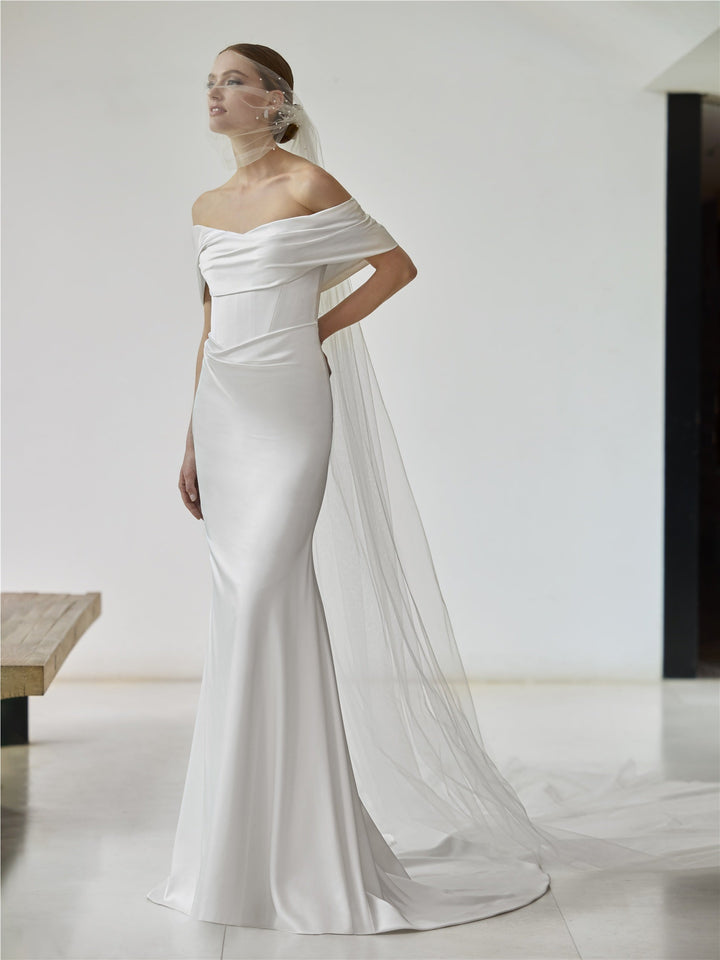 Pronovias Leight off-the-shoulder mermaid satin wedding dress, image 1