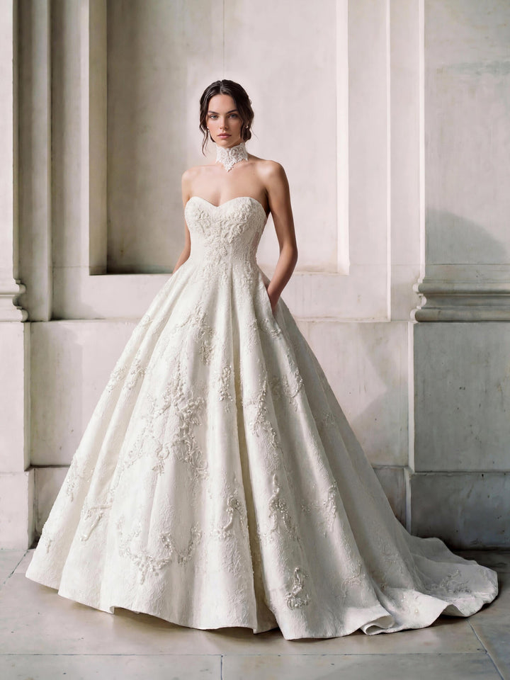 Pronovias Privée Oxelyn princess lace wedding dress with sweetheart neckline, image 1