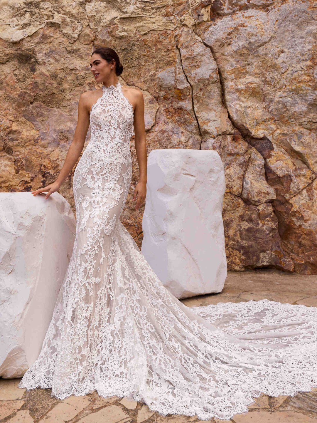 Pronovias Wonia halter mermaid lace wedding dress with open back, image 1