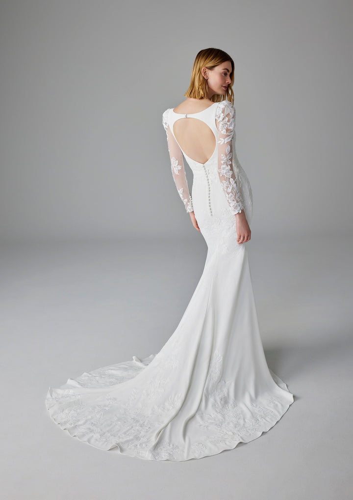 Pronovias Enchant fitted long sleeve wedding dress floral appliqué back view