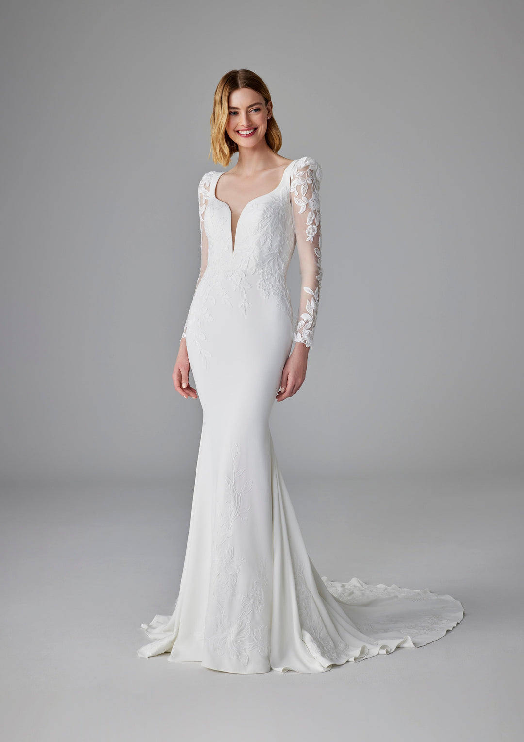 Pronovias Enchant fitted long sleeve wedding dress floral appliqué front view