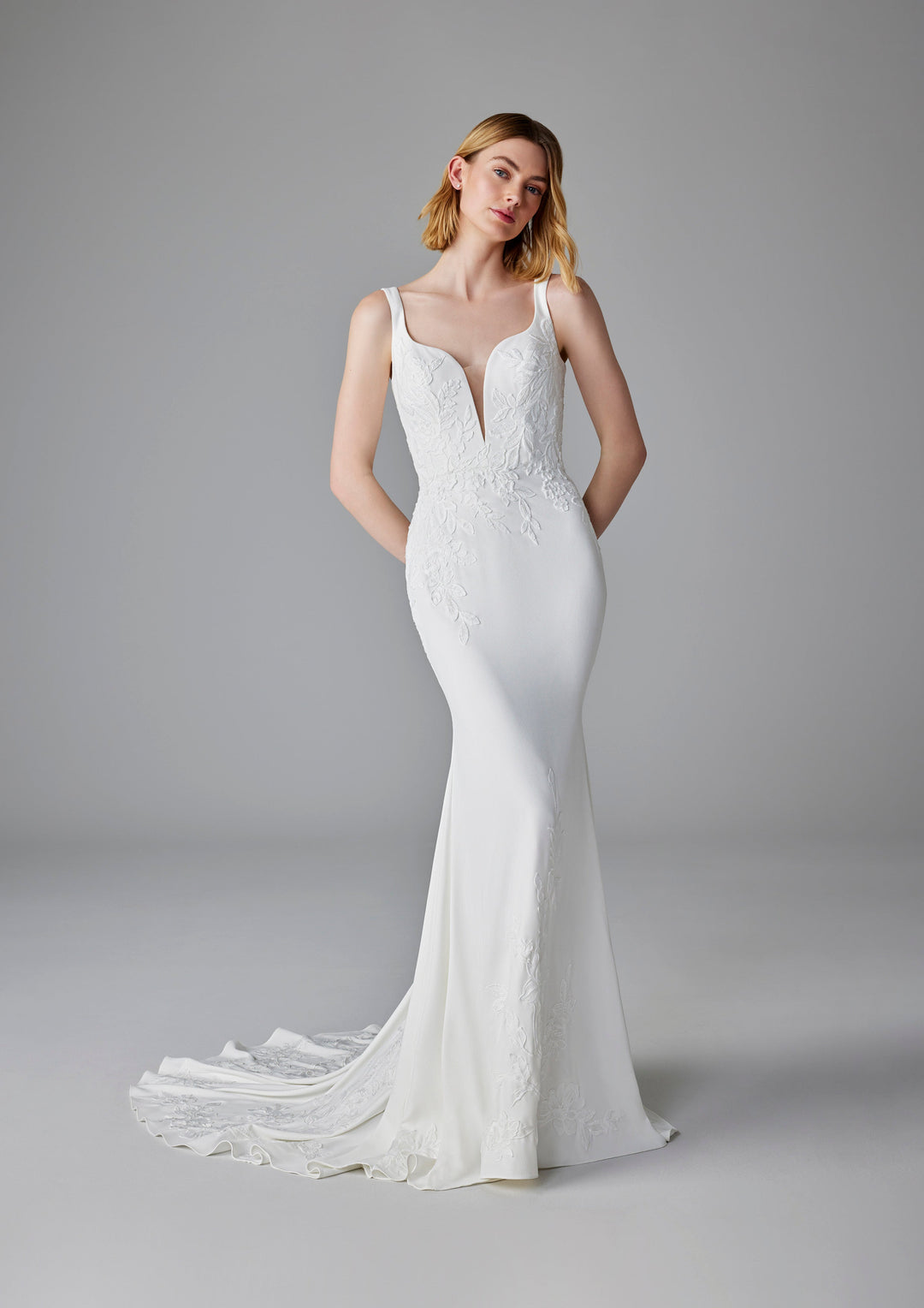 Pronovias Enchant fitted wedding dress floral appliqué front view