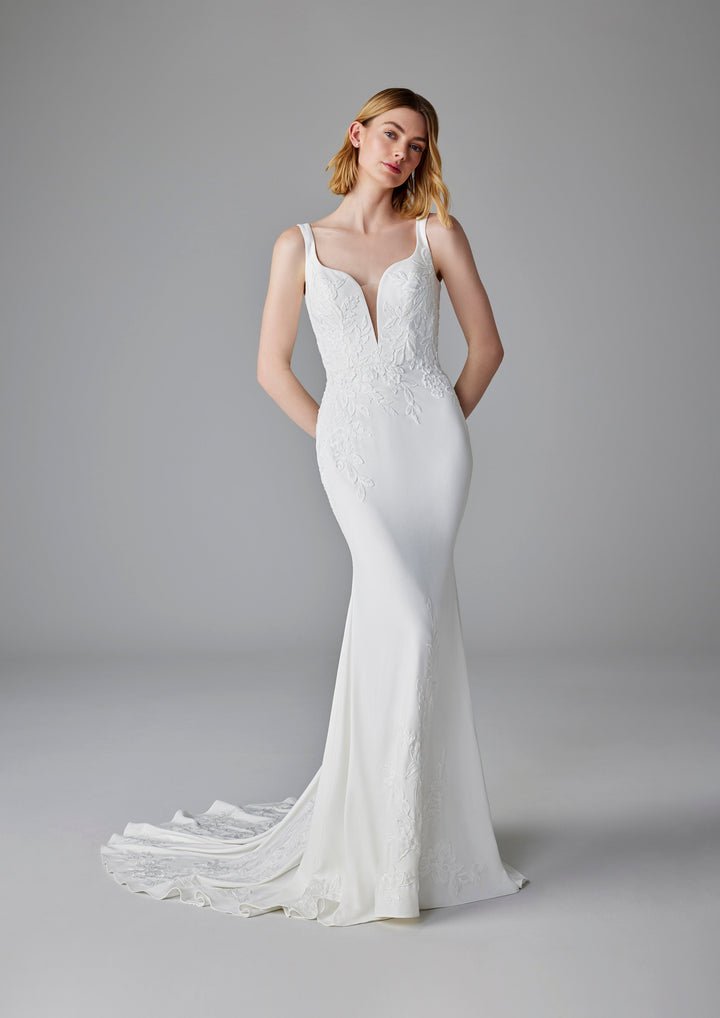 Pronovias Enchant fitted wedding dress floral appliqué front view