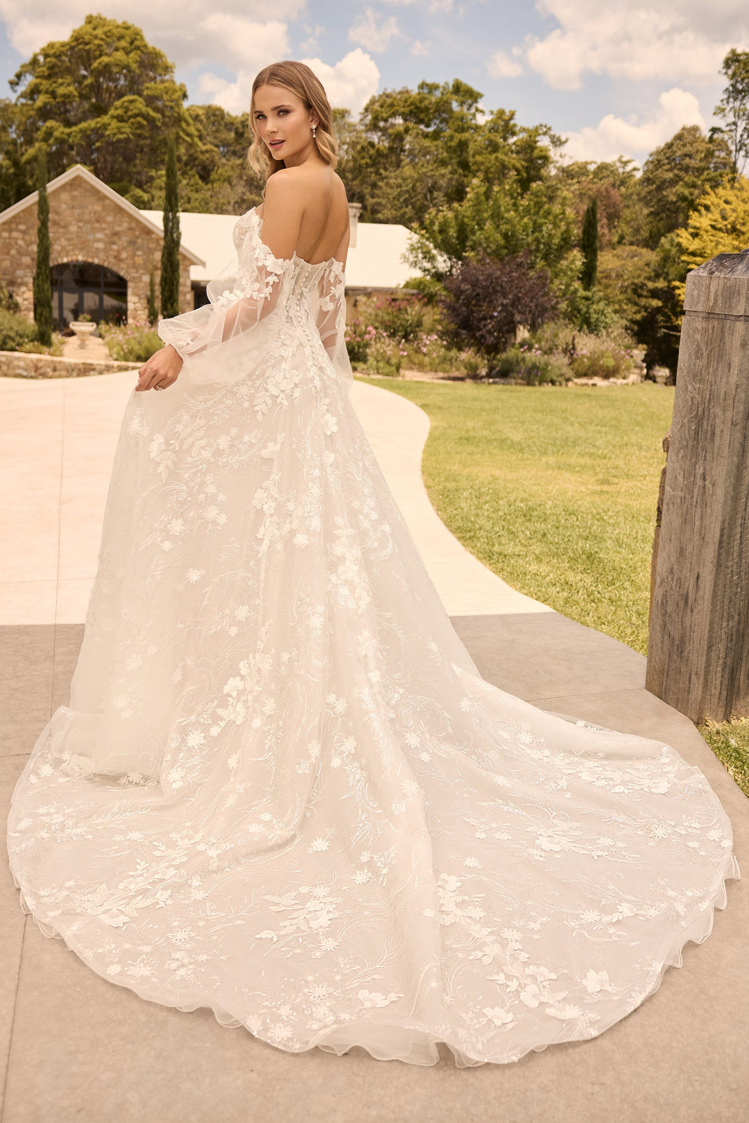 Sophia Tolli ST640 Jessica a-line wedding dress with floral lace and sweetheart neckline train view