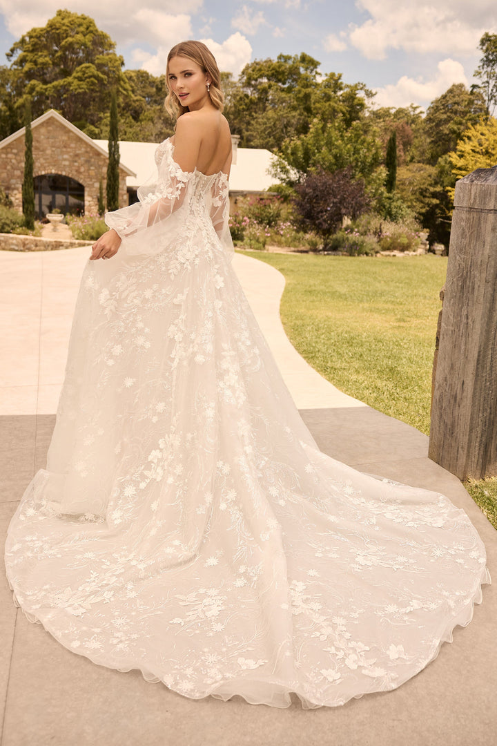 Sophia Tolli ST640 Jessica a-line wedding dress with floral lace and sweetheart neckline train view