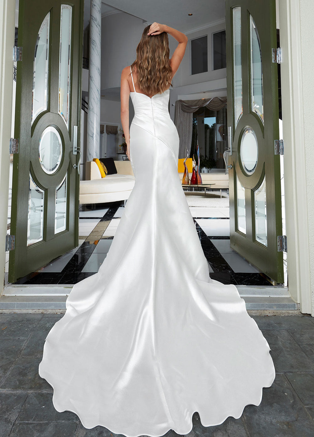 Ashley Justin Amalia 10914 sample sale fitted wedding dress with straps train view