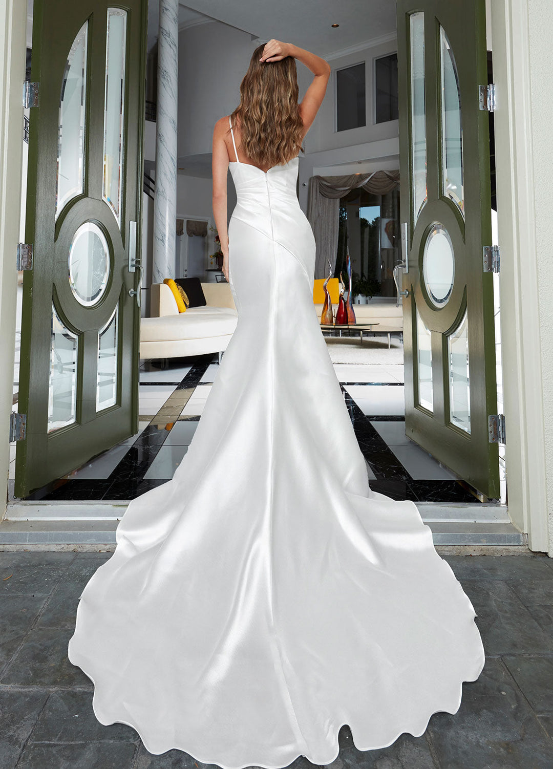 Ashley Justin Amalia 10914 sample sale fitted wedding dress with straps train view