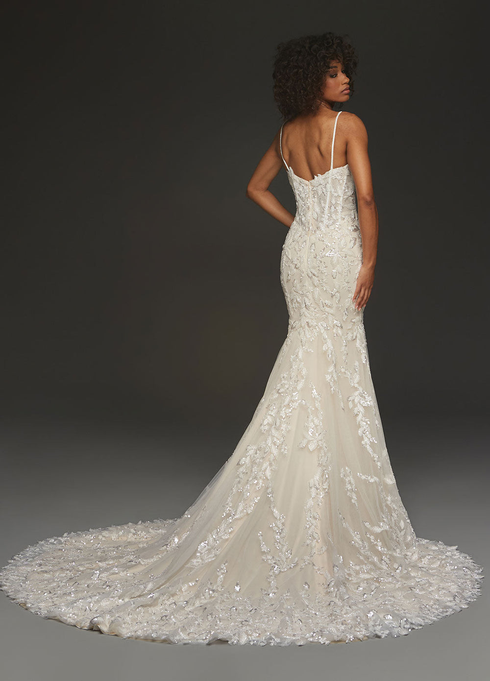Ashley Justin Asher 11133 sample sale wedding dress mermaid with beaded lace appliqué back view