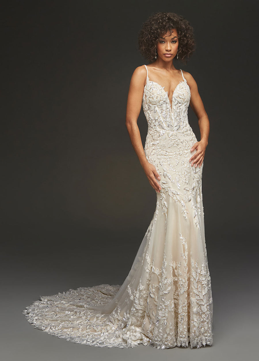 Ashley Justin Asher 11133 sample sale wedding dress mermaid with beaded lace appliqué front view
