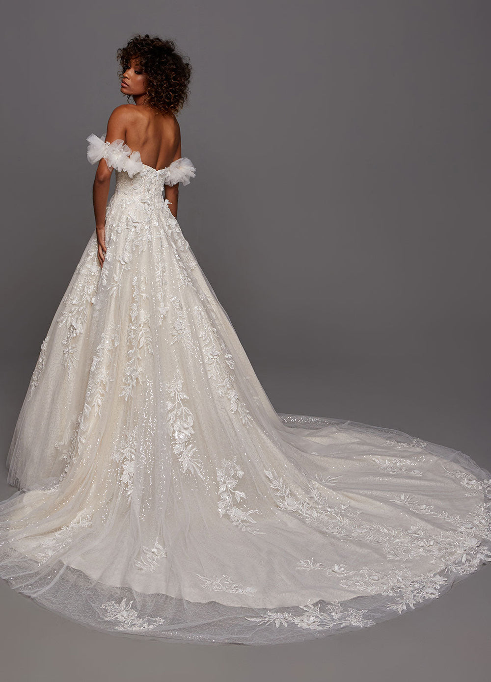 Ashley Justin Brynn 11970 sample sale Aline wedding dress with floral appliqués back view