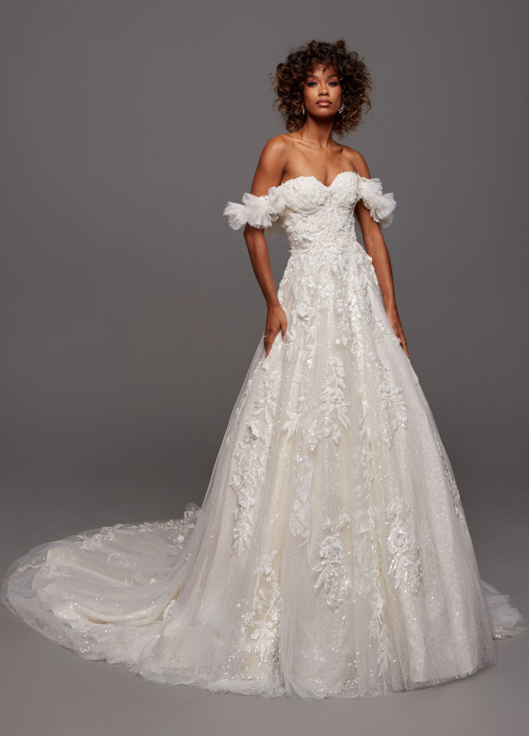 Ashley Justin Brynn 11970 sample sale Aline wedding dress with floral appliqués front view