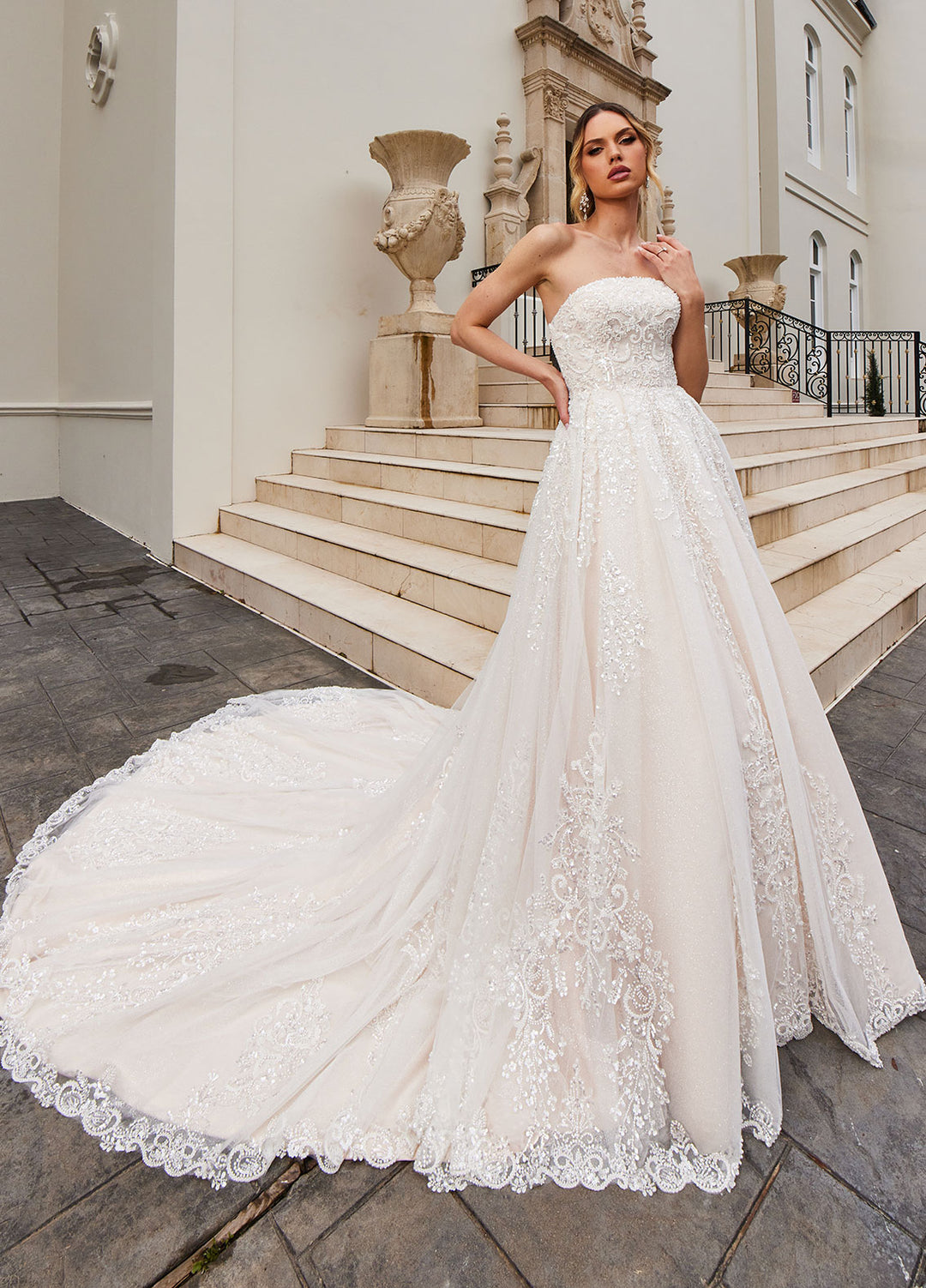 Ashley & Justin Easton - 12025 sample sale beaded wedding dress front view
