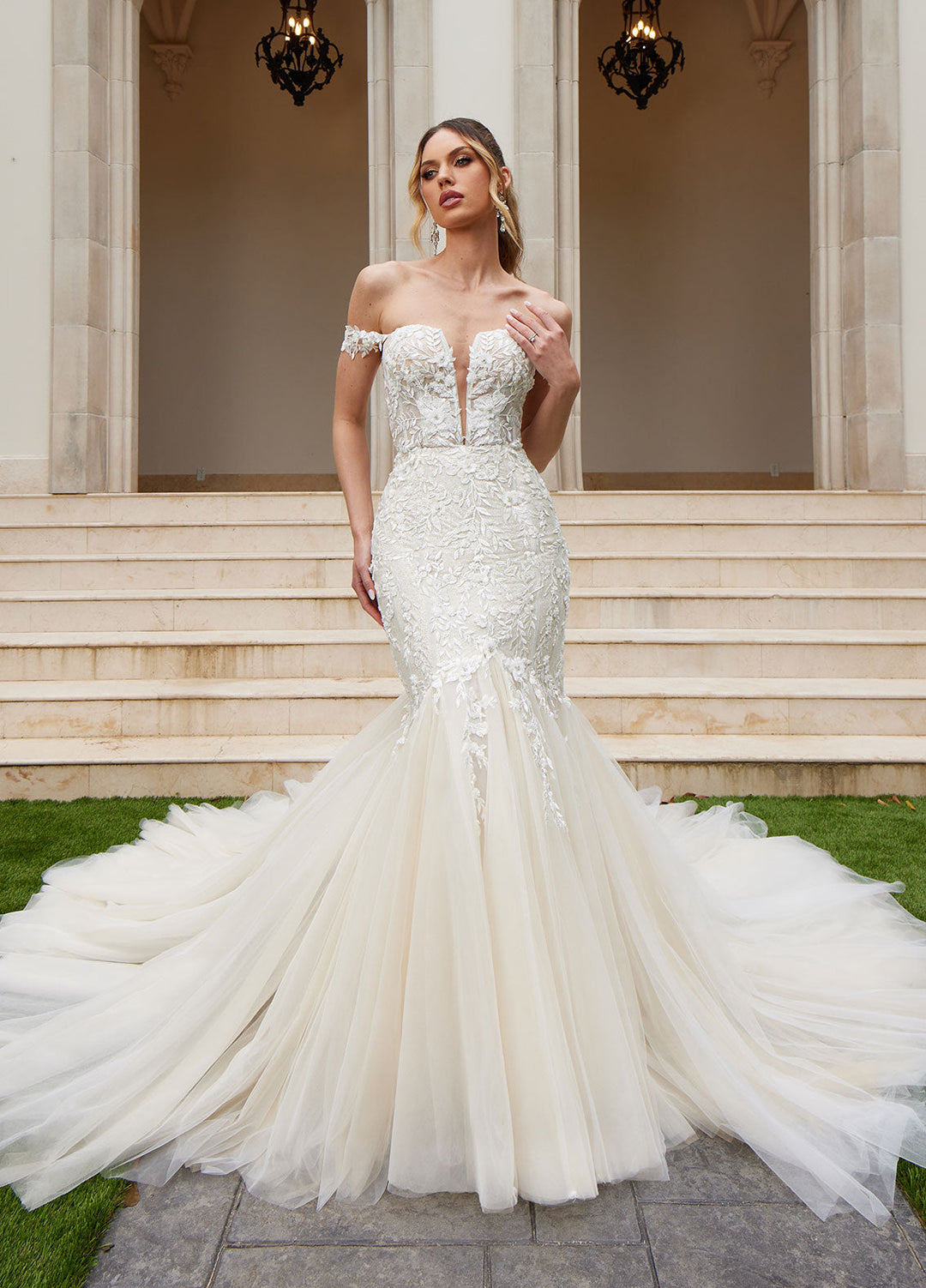 Ashley Justin Edel 11239 sample sale mermaid wedding dress with floral appliqué front view