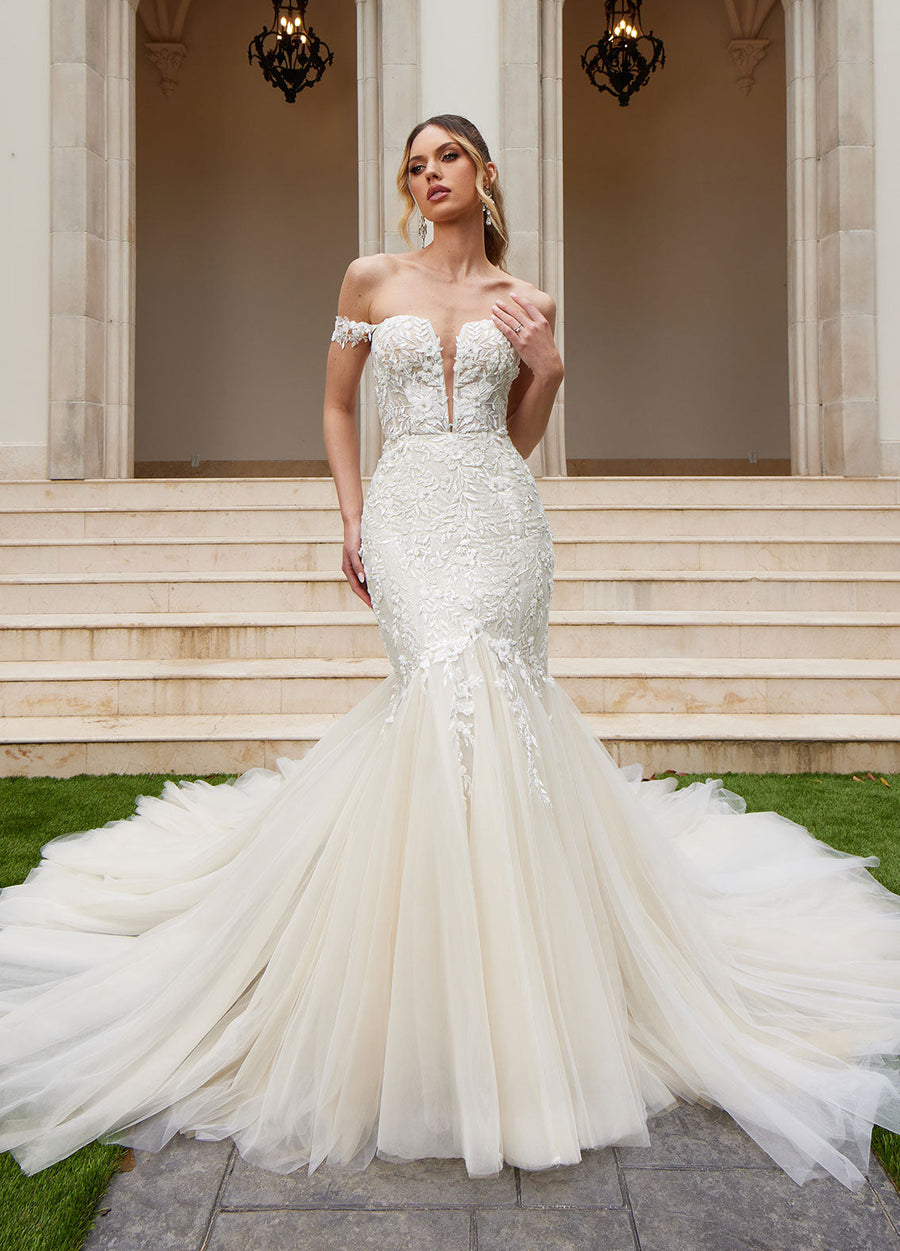 Ashley Justin Edel 11239 sample sale mermaid wedding dress with floral appliqué front view