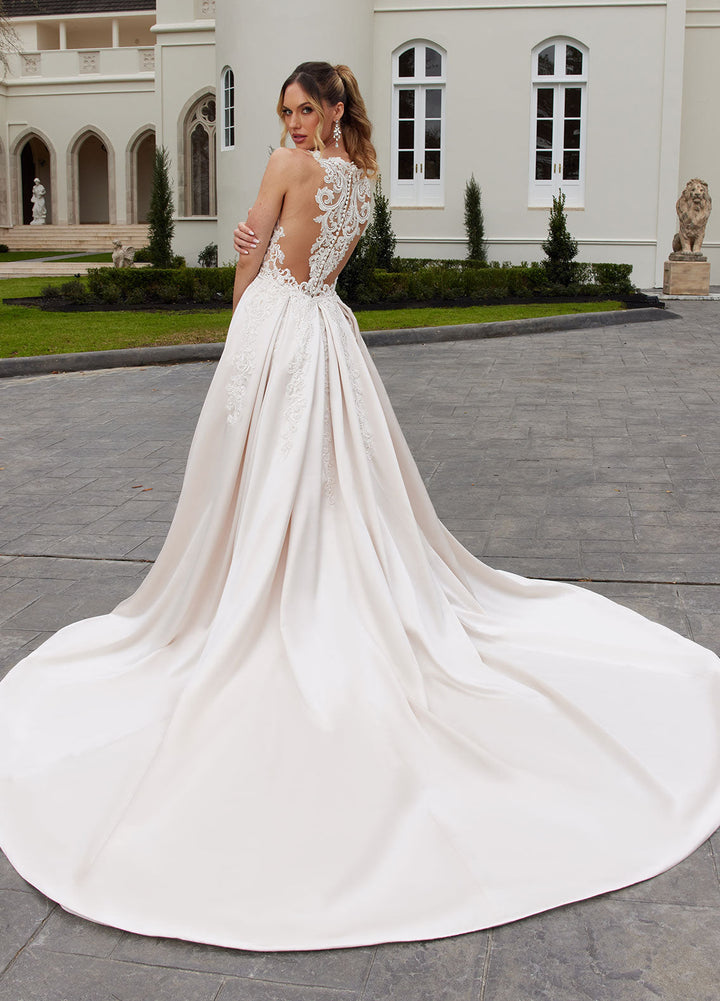 Ashley & Justin Edna - 11232 sample sale fitted wedding dress with lace top and overskirt back view