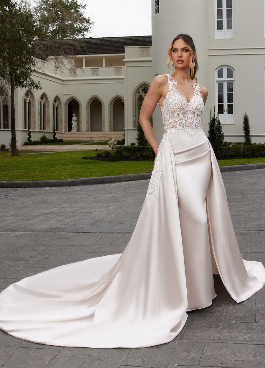 Ashley & Justin Edna - 11232 sample sale fitted wedding dress with lace top and overskirt front view