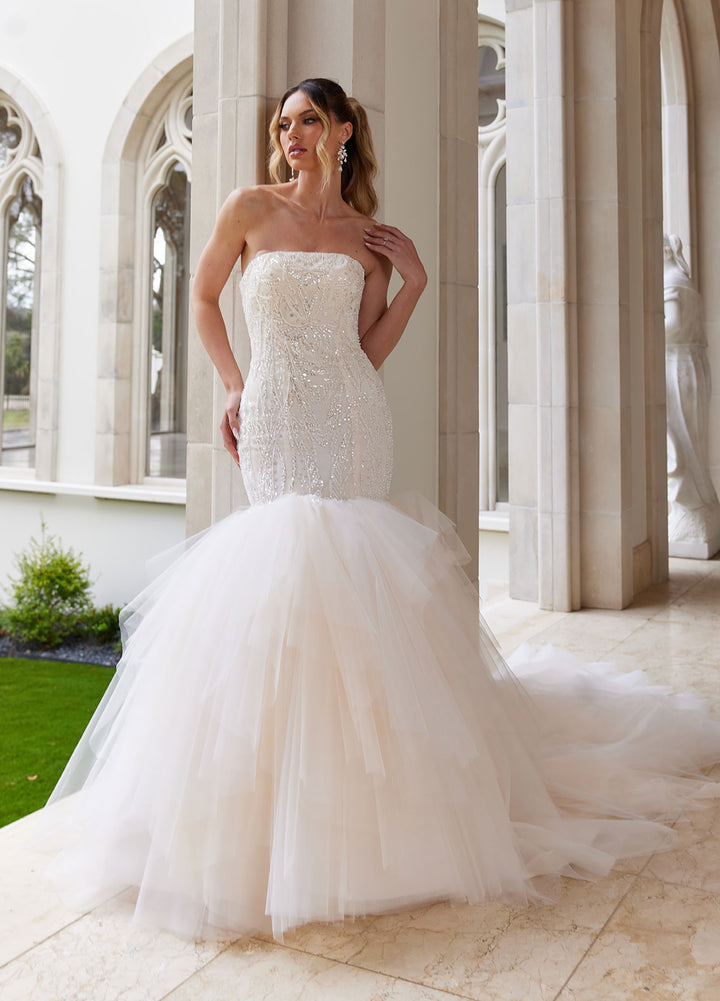 Ashley & Justin Eileen 12026 sample sale beaded fitted wedding dress front view