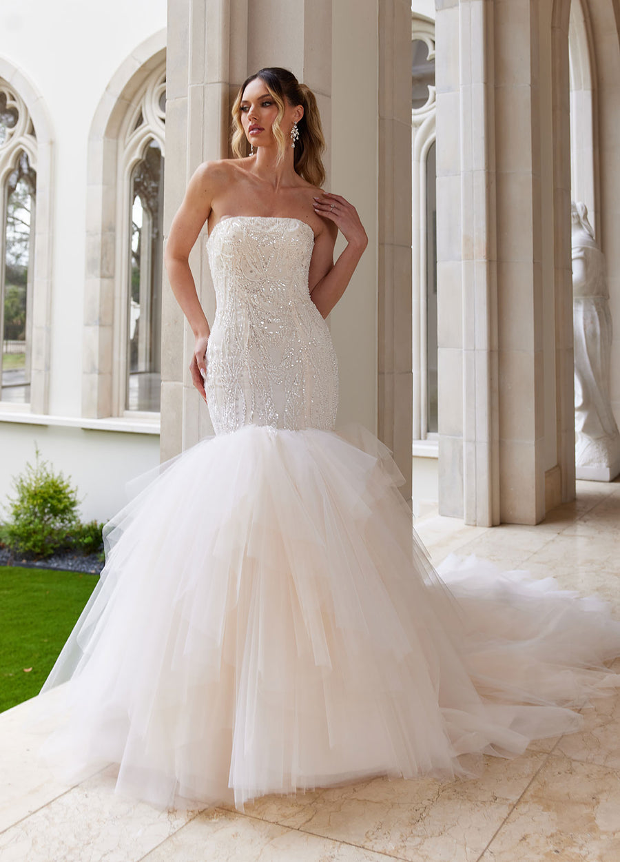 Ashley & Justin Eileen 12026 sample sale beaded fitted wedding dress front view