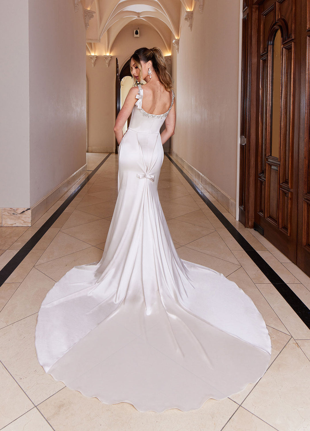 Ashley Justin Emily 11227 sample sale fitted wedding dress with square neckline back view