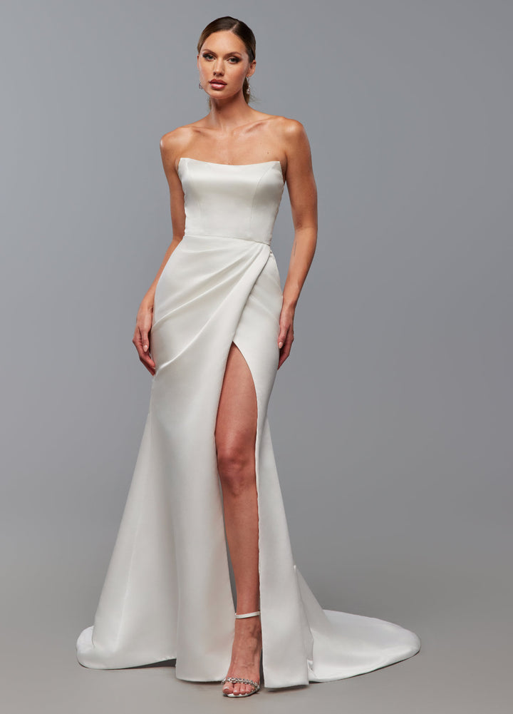 Ashley Justin Fawn 11255 sample sale fitted wedding dress strapless with slit front view